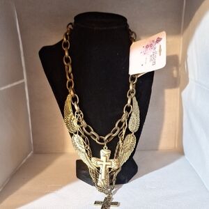 Gold and Bronze Winged Cross Necklace